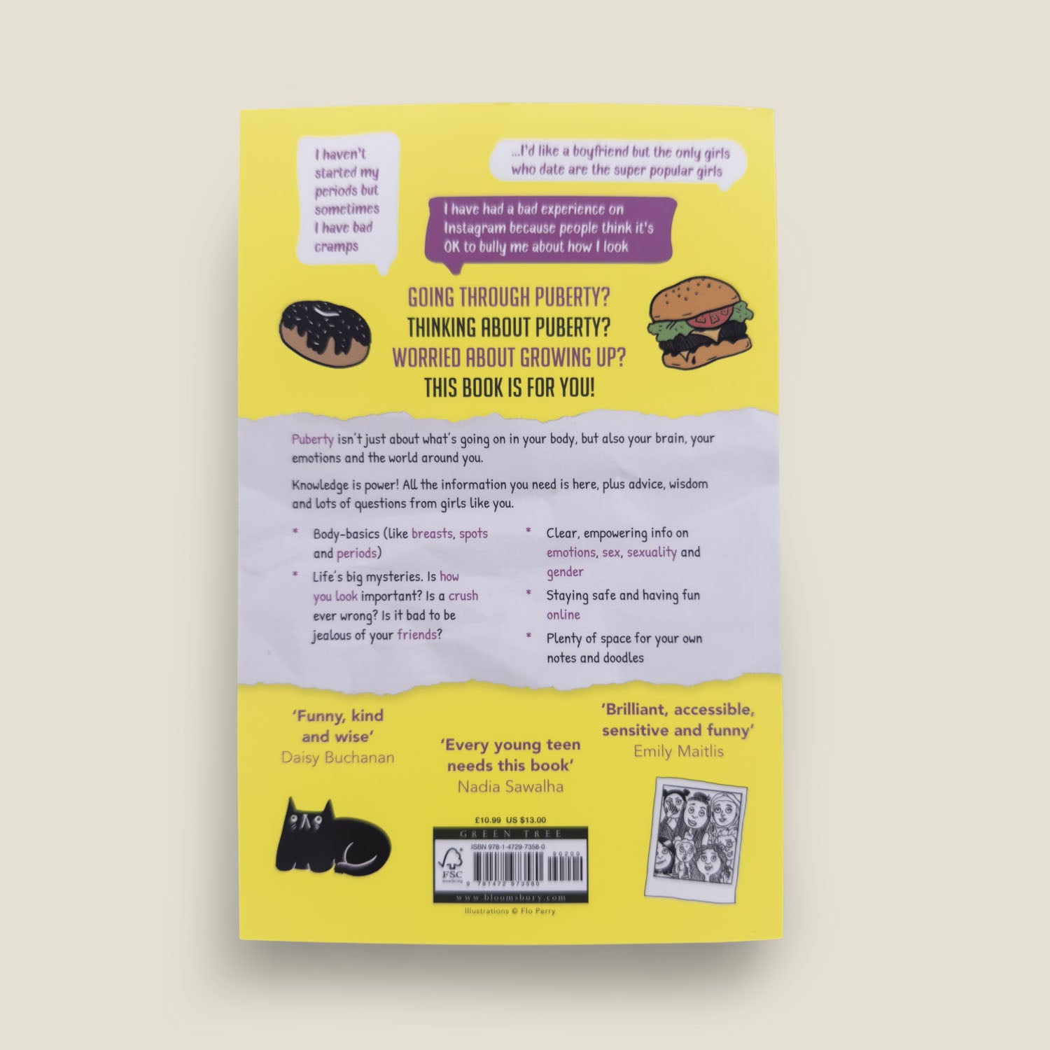 Back cover of The Girls' Guide to Growing Up Great featuring endorsements and topics such as puberty, body changes, periods, self-esteem, and staying safe online.