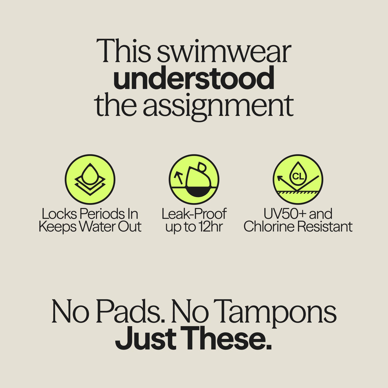 Informational graphic showing WUKA Swim Shorts benefits: keeps water out, locks in periods, UV50+ protection, chlorine-resistant material.