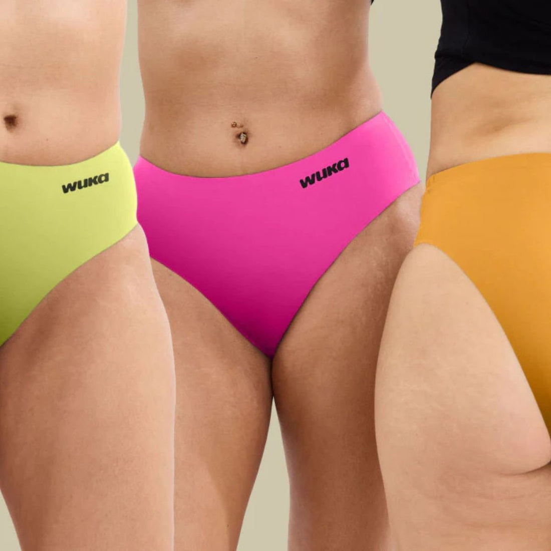 Three teens wearing WUKA Teen Stretch™ period pants in Lime Punch, Pinkest Pink, and Orange Sun—bold, colourful, high-waisted styles shown from front and back.