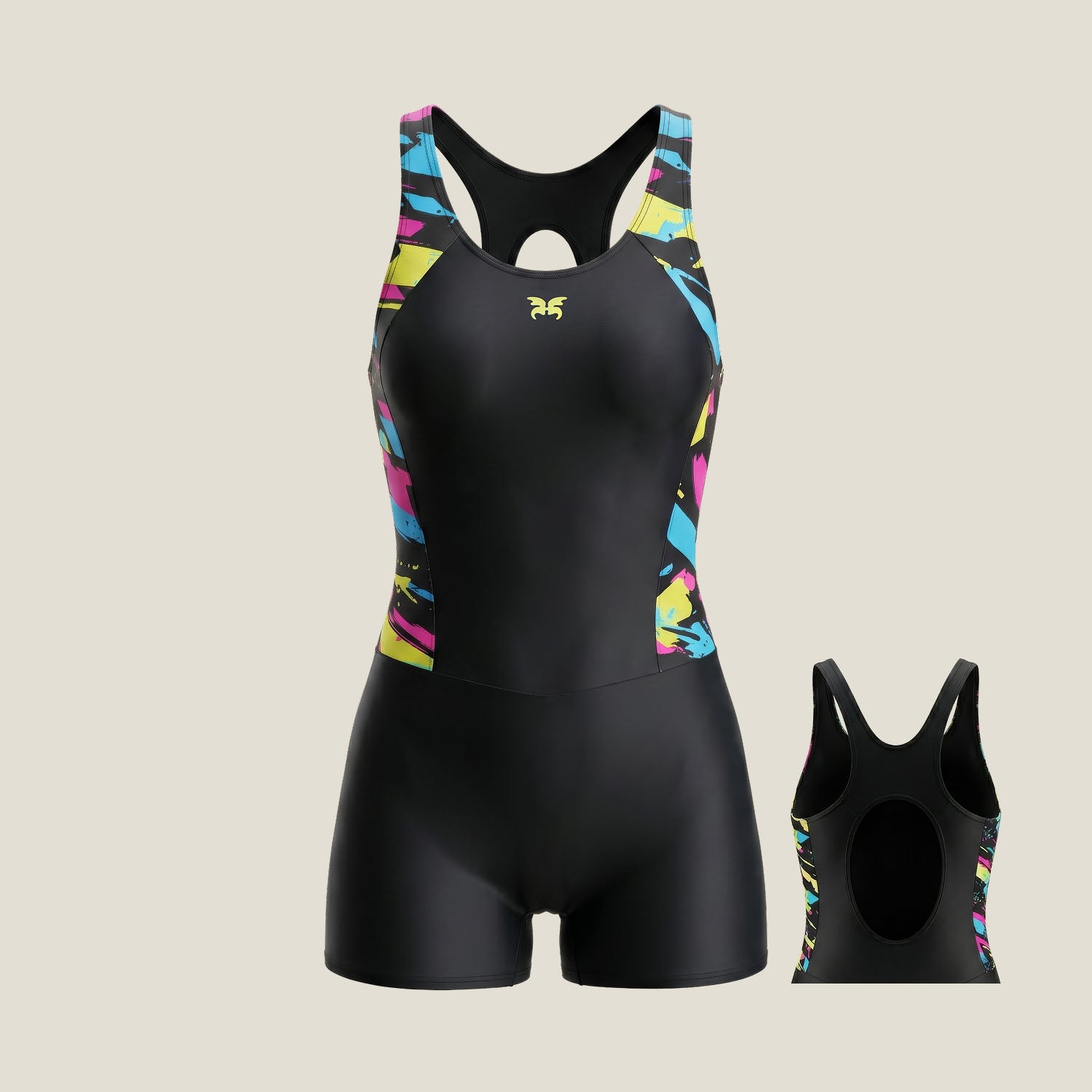 WUKA Lunafly Competition Legsuit, front view — knee-length leakproof heavy flow period swimwear