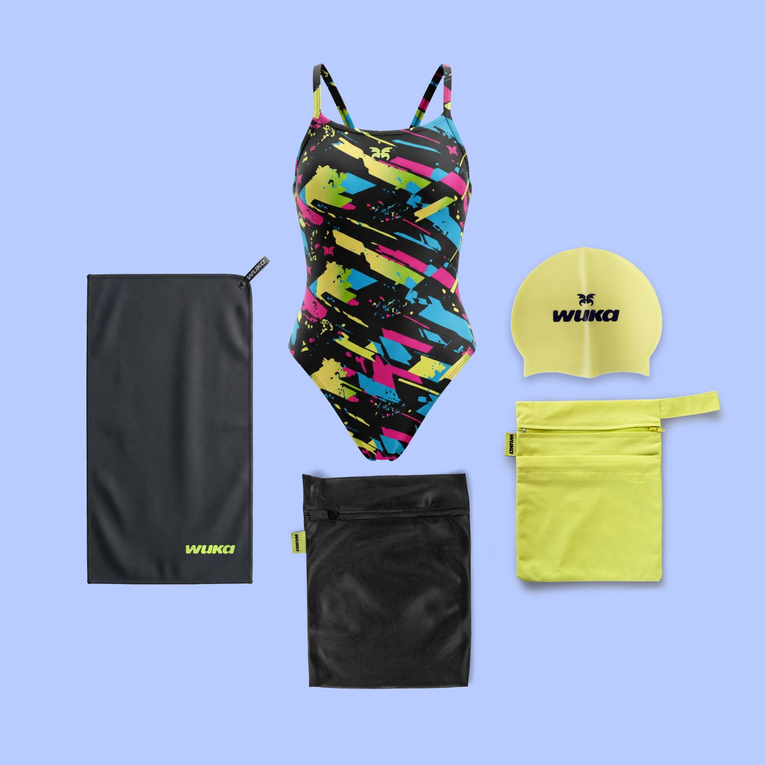 WUKA Lunafly Competition Racerback swim kit — period swimsuit, swim cap, microfibre towel and bags
