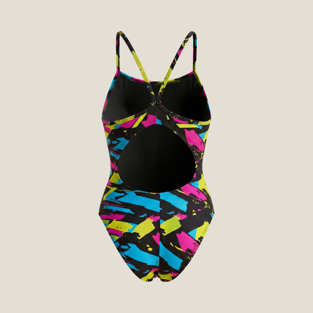 Teen swimmer wearing WUKA Lunafly Competition Racerback period swimsuit, front view — leakproof period swimwear