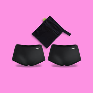 Black Teen Stretch heavy flow Boxer shorts, with black changing bag. Get 2 Teen Stretch boxers for £28 with a FREE changing bag to hold your daughters spare period underwear