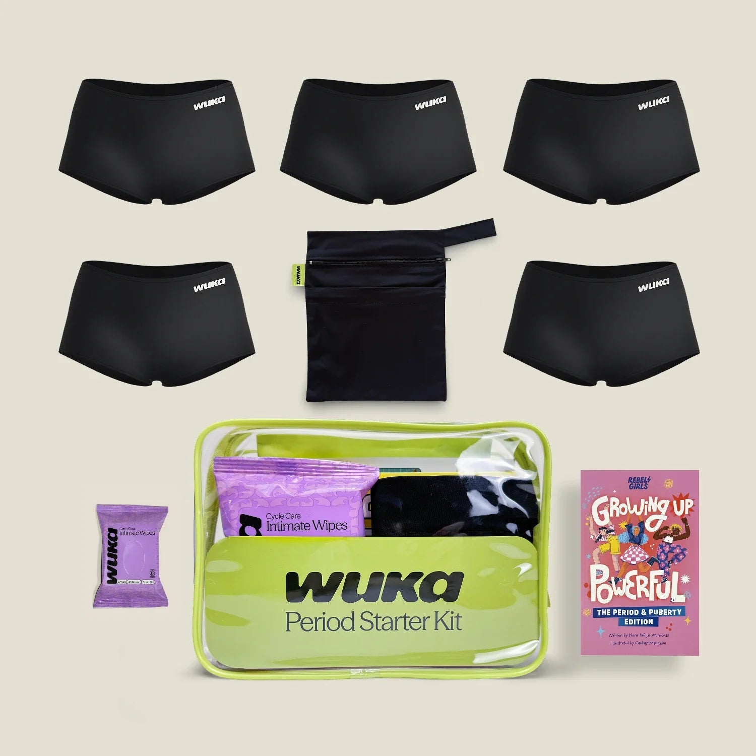 What's inside the WUKA Teen Boxer Starter Kit 5 pack: five pairs of period boxers, changing bag, wipes and the Growing Up Powerful book.
