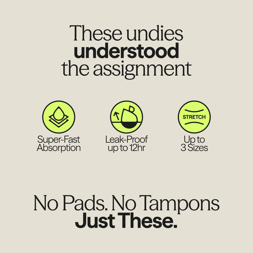 WUKA Teen First Period Pack infographic highlighting super-fast absorption, 12-hour leak-proof protection, and flexible stretch fit covering 3 sizes – no pads or tampons needed.