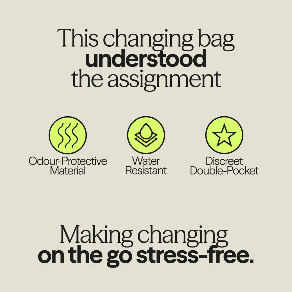 Features of the WUKA pink two-pocket changing bag: odour-protective, water-resistant, and discreetly designed for easy changing