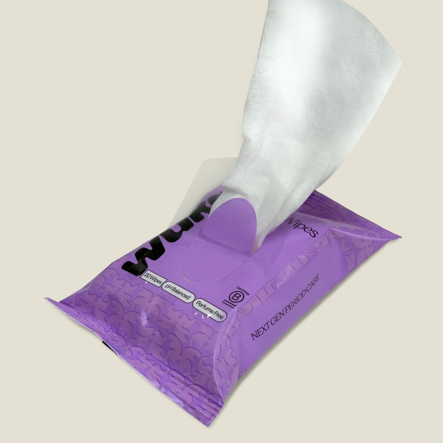 wuka cycle care intimate wipes, purple pack with one wipe showing.