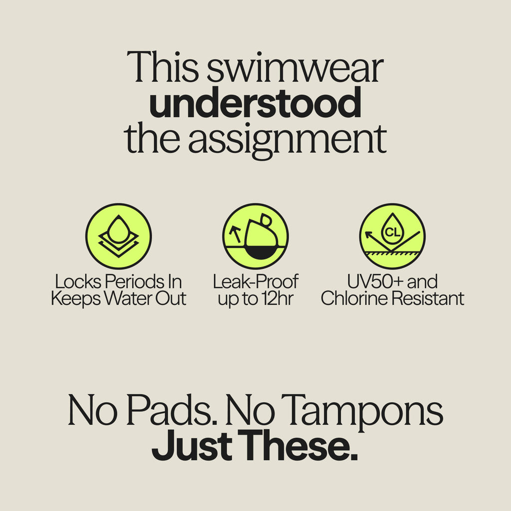 WUKA Teen Scoopback Swimsuit features: 12hr leak protection, water-blocking layer, UV50+ and chlorine resistance.