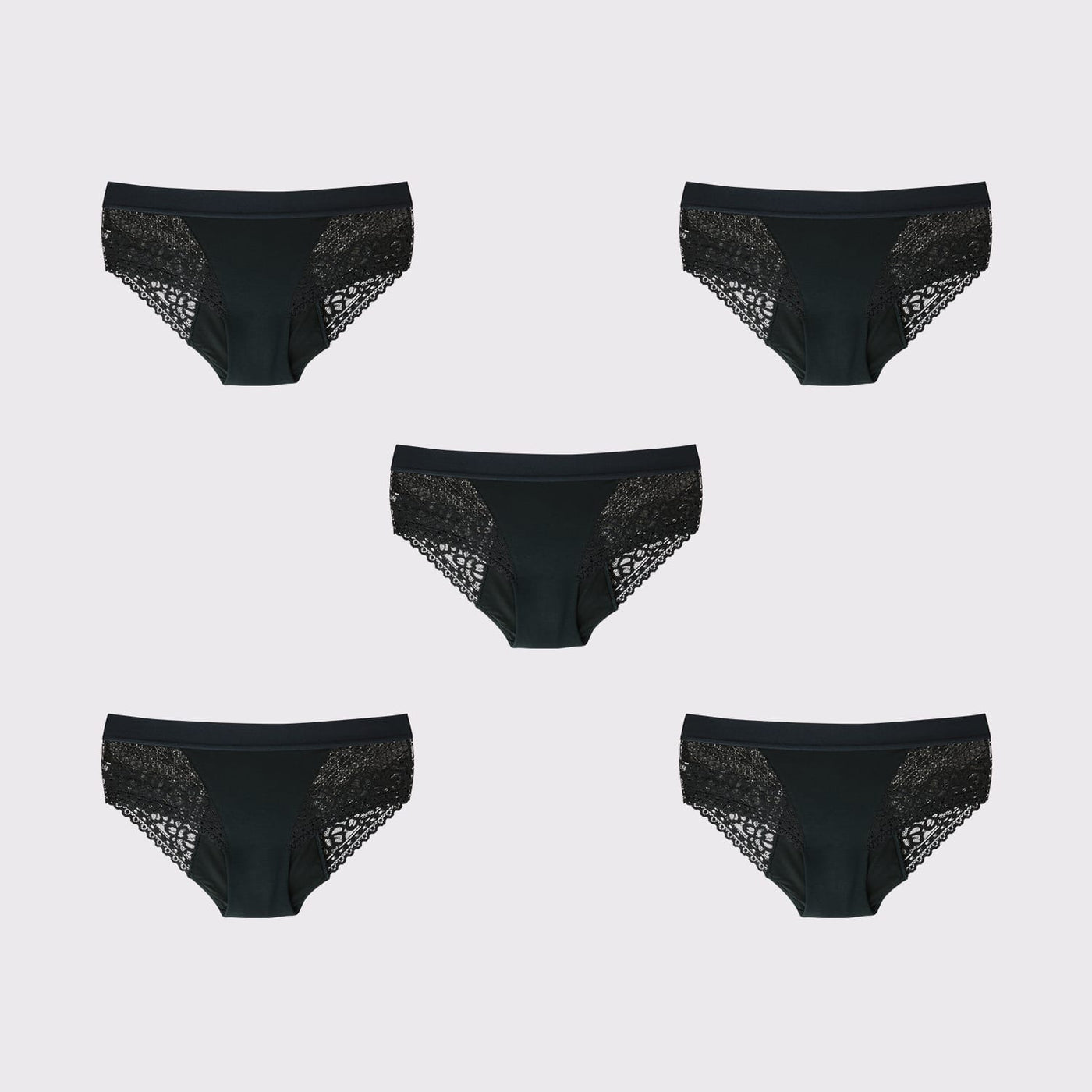 WUKA Ultimate Lace Hipster Brief Period Pants Style Medium Flow Black Colour 5 Pack