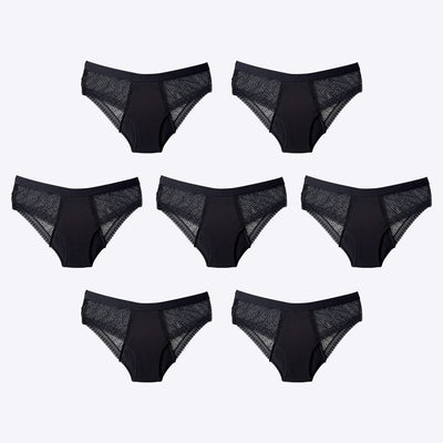 WUKA Ultimate Mesh Lace Hipster Brief Style Medium Flow Black Colour 7 Full Switch Set