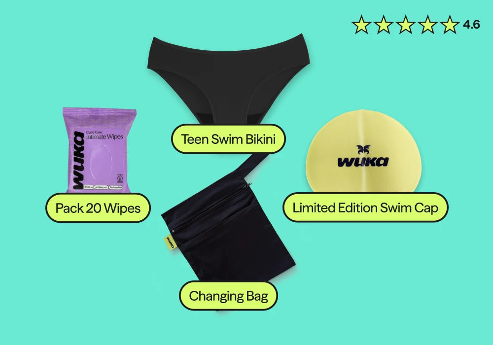 Teen period swimwear starter kit with leak-proof bikini, reusable swim cap, wipes and wet bag for swimming during your period without tampons