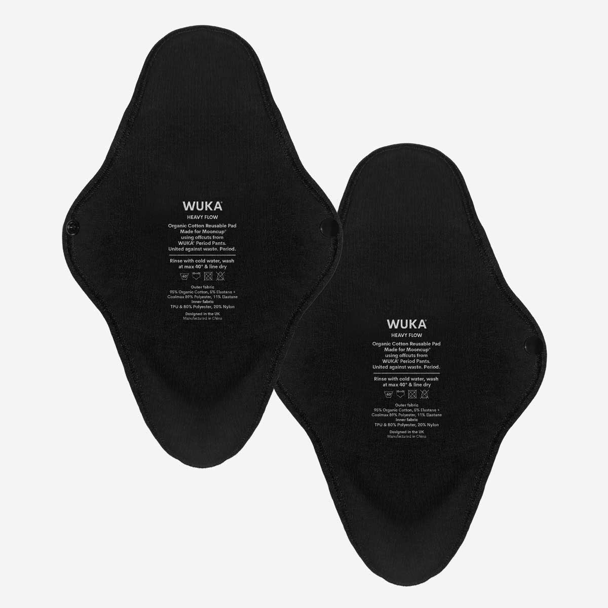 WUKA Reusable Period Pads 2 Pack Style Heavy Flow Black Colour Set