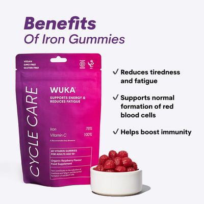 WUKA Cycle Care gummies benefits: reduce tiredness, support red blood cell formation, and boost immunity