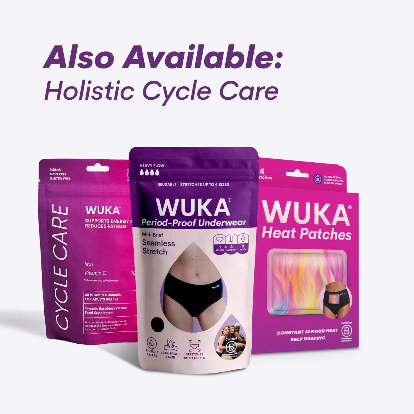 Holistic Cycle Care product range from WUKA including iron gummies, period-proof underwear, and self-heating patches.